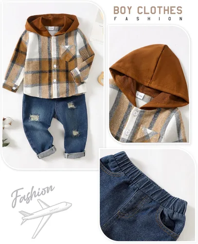 Vista 6 de Renotemy Toddler Baby Boy Clothes Denim Outfits Infant Hooded Sweatshirt Jeans Clothing For Little Boys