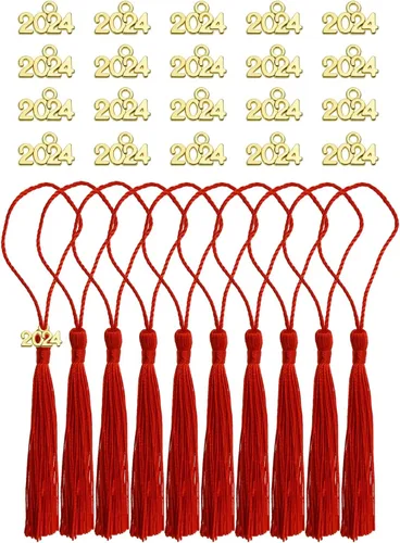 Vista 8 de Tupalizy 10 mini borlas sedosas hechas a mano con 20 dijes del año 2024 para graduación, llavero, aretes, joyería, regalos de boda, recuerdos, Negro