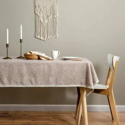 Vista 3 de GLORY SEASON - Mantel de lino rústico de arpillera lavable, sólido de color tostado, pesado, 55 x 70, rectangular, con borde de encaje superpuesto