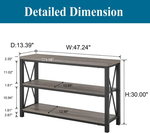 Vista 2 de Mesa de Sofá Rústica Detrás del Sofá, Mesas Consola Industriales para Entrada, Mesa de Entrada de 3 Niveles con Estantes de Madera con Roble gris
