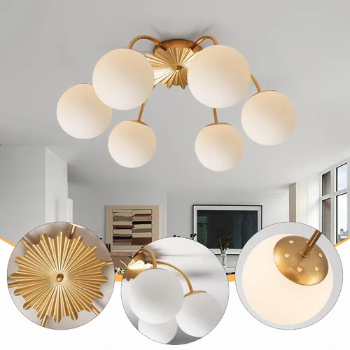Vista 8 de Longree Sputnik - Lámpara de techo semiempotrada con forma de globo de vidrio de leche de 6 luces, color dorado, arte de mediados de siglo, moderna