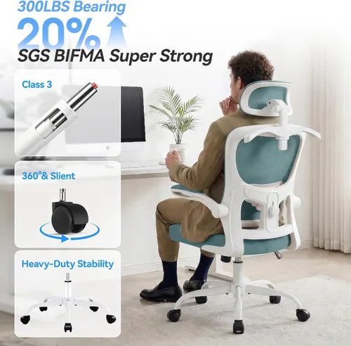 Vista 5 de AreShark Silla de Oficina Ergonómica con Soporte Lumbar Ajustable y Gancho para Respaldo, Silla de Malla Transpirable con Respaldo Alto y Ruedas
