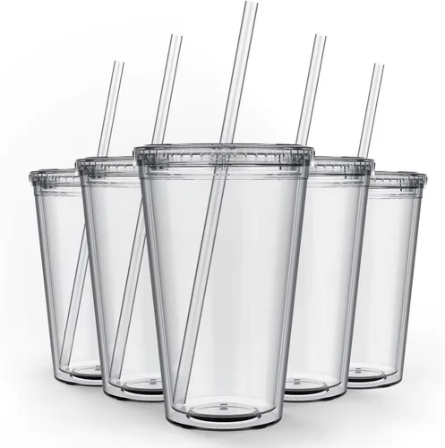 Vista 9 de Maars - Vaso transparente clásico con tapa y pajilla, acrílico prémium de 16 onzas, vasos reutilizables de plástico de doble pared con aislamiento