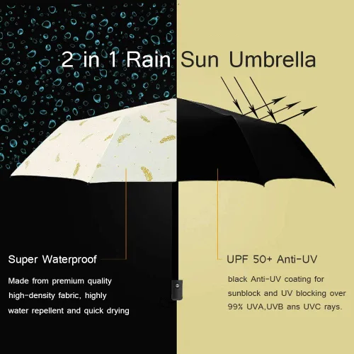 Vista 3 de Drehomeie Sun Rain Umbrella UV Protection Compact, Foding Travel Umbrella Auto Open Close, Windproof Rainproof Umbrella Black Anti-UV Coating