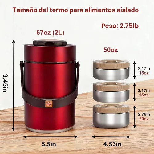 Vista 2 de Contenedor de comida aislado al vacío de 67 onzas para alimentos calientes, termo de alimentos apilable sellado de 3 niveles, lonchera térmica