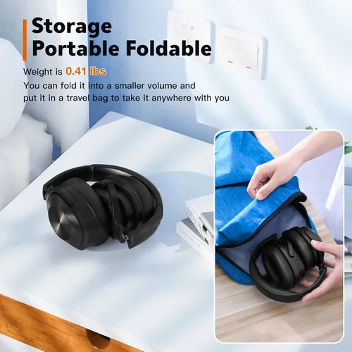 Vista 6 de Auriculares con cancelación activa de ruido, auriculares Bluetooth inalámbricos, micrófono integrado, 40 horas de reproducción, auriculares