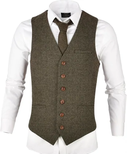 Vista 2 de VOBOOM - Chaleco entallado de mezcla de lana para hombre, con diseño de espiguilla, de tweed
