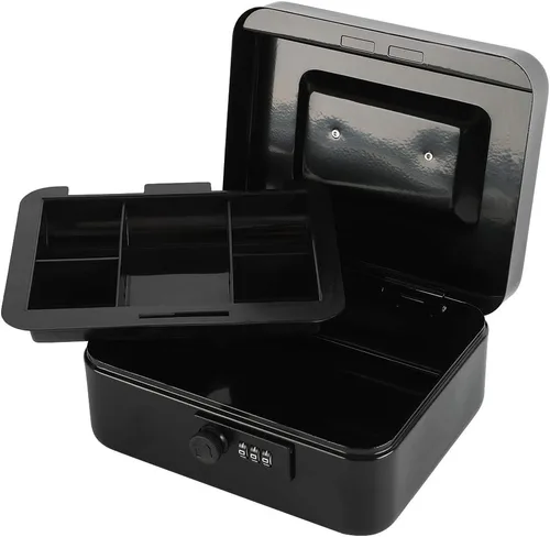 Vista 5 de xydled Caja fuerte de acero con cerradura de combinación, caja fuerte para dinero con bandeja extraíble para monedas, tamaño mediano, 7.87 x 6.30 x
