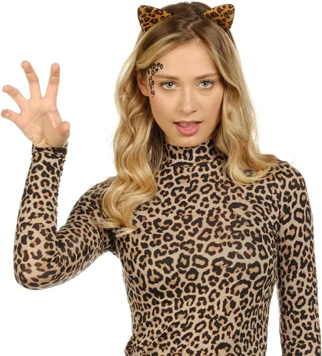 Vista 4 de Funcredible Diadema con orejas de guepardo y tatuajes metálicos para la cara, juego de accesorios para disfraz de leopardo y Halloween para adultos