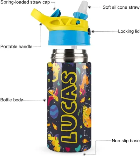 Vista 3 de Artsadd Botella de agua personalizada de dinosaurio para niños, botella de agua con nombre personalizado con pajita, regalo personalizado para niños