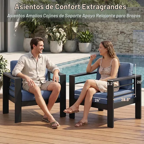 Vista 2 de Solaste Muebles de sofá de aluminio para patio, resistentes a la intemperie, azul Negro+Azul
