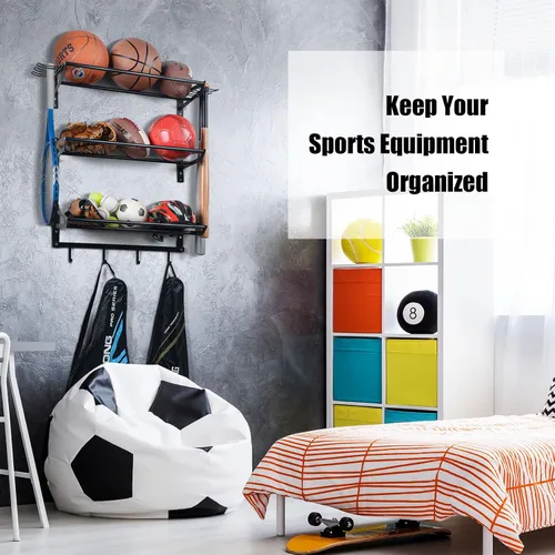 Vista 3 de XCSOURCE Organizador de equipos deportivos, estante de almacenamiento de bolas de 3 niveles con soportes para bates y raquetas, estante