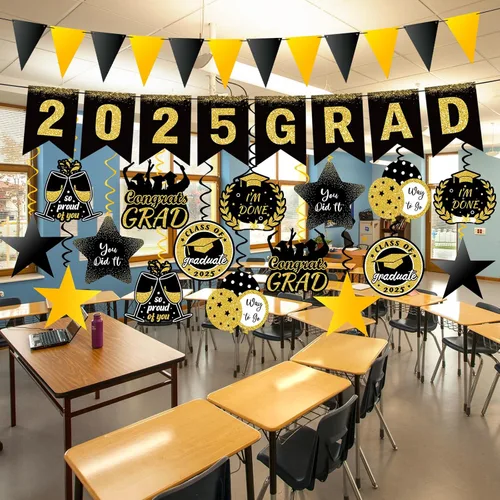 Vista 3 de 34 piezas de decoraciones de graduación 2025 premontadas espirales colgantes 2025, pancarta de graduación para fiesta de graduación de clase de 2025