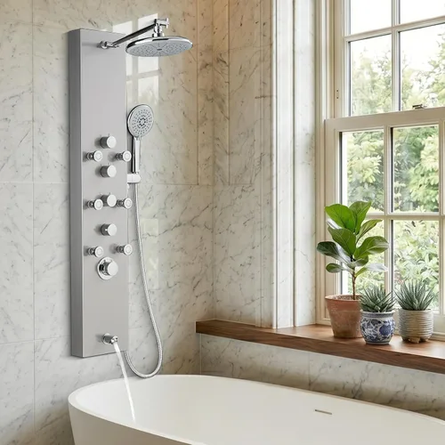 Vista 7 de Sistema de panel de ducha OUGOO - Utiliza 4 funciones simultáneamente: ducha de lluvia, chorros corporales, boquilla de mano y bañera, columna