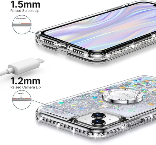 Vista 7 de Silverback Funda para iPhone 12, iPhone 12 Pro, funda con purpurina holográfica líquida móvil con soporte, funda protectora con soporte de anillo