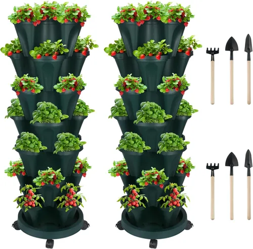 Vista 42 de GameXcel Torre de maceta vertical, macetas apilables de 3 niveles con ruedas y herramientas de jardín, macetas para plantas de fresa, hierbas