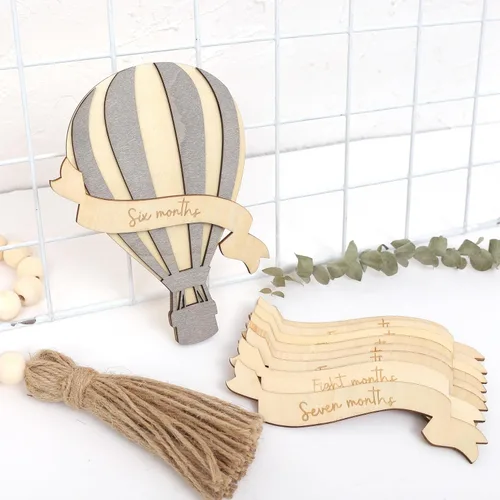 Vista 5 de Tarjetas de hitos mensuales de madera con globo aerostático para bebé, letrero de hitos de mi primer año, marcador de hitos mensuales para bebés
