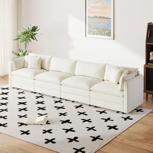 Vista 55 de Setawix Sofá Profundo de 3 Plazas con Otomana, Sofás de Nube en Forma de L de 112.2" para Sala de Estar, Sofá de Nube de Chenilla con Asiento Café