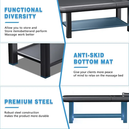 Vista 6 de Mesa de masaje estacionaria con base de metal con respaldo ajustable, mesa de tratamiento de spa profesional, cama de masaje resistente para terapia