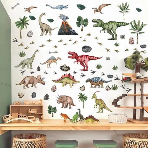 Vista 5 de Calcomanías de pared grandes de dinosaurio para despegar y pegar, calcomanías de pared de huellas de dinosaurio, hojas tropicales, palmeras