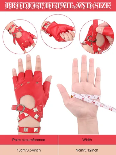 Vista 7 de Eurzom Juego de 2 guantes de piel sintética sin dedos con diseño de corazón, incluye guantes rojos sin dedos, collar punk rojo y negro para mujer