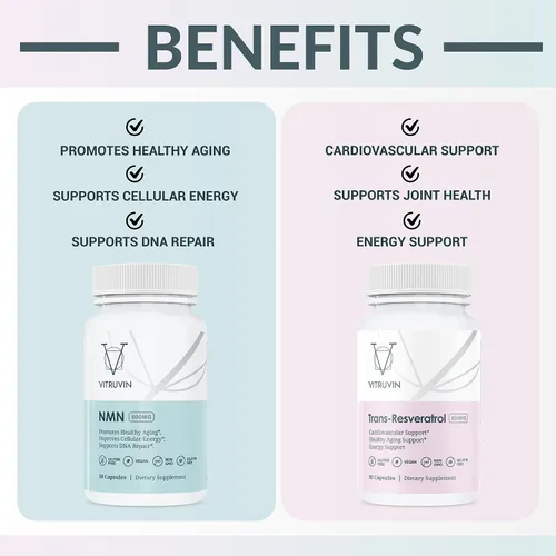 Vista 6 de VITRUVIN Paquete Longevity - NMN 500 mg + Trans-Resveratrol 500 mg con piperina - Vegano, sin OMG, sin gluten, sin gelatina