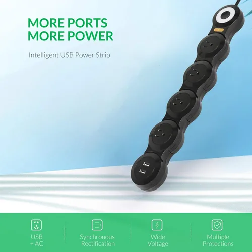Vista 2 de Cable de alimentación de deformación para enchufe de enchufe grande, regleta de alimentación de enchufe plano con 2 puertos USB y 4 tomas múltiples