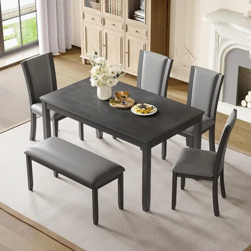 Vista 17 de LUMISOL - Juego de mesa de comedor de madera maciza con 4 sillas tapizadas y banco para cocina, comedor, sala de estar, gris plateado