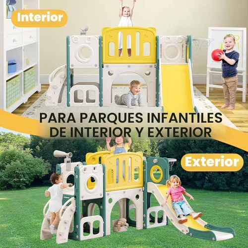 Vista 2 de Juego de toboganes 8 en 1 para niños pequeños, tobogán para niños pequeños, juego de tobogán escalador con aro de baloncesto, patio de juegos al