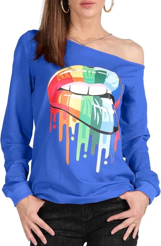 Vista 2 de MAGICMK Sudaderas de manga larga con hombros descubiertos para mujer con estampado de labios y hombros descubiertos