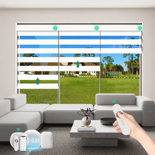 Vista 15 de Persianas motorizadas de cebra con control remoto [doble capa + filtro de luz] Persianas inteligentes 60% opacas para ventanas interiores