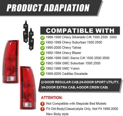 Vista 2 de G-PLUS Juego de luces traseras con bombilla, compatible con Chevy GMC C/K 1500 2500 3500, se ajusta a Chevy Silverado 1988-1999, se ajusta a Chevy