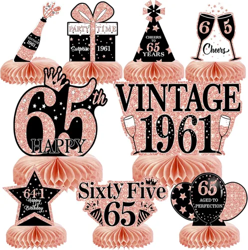 Vista 36 de 9 piezas de decoración de cumpleaños negro dorado 16 centros de mesa de panal para niños y niñas, centros de mesa de feliz cumpleaños 16 Oro negro 16
