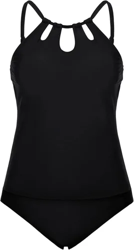 Vista 4 de Hilor Traje de baño tankini para mujer, cuello alto, dos piezas, traje de baño con agujero de cerradura, tankini con pantalones cortos
