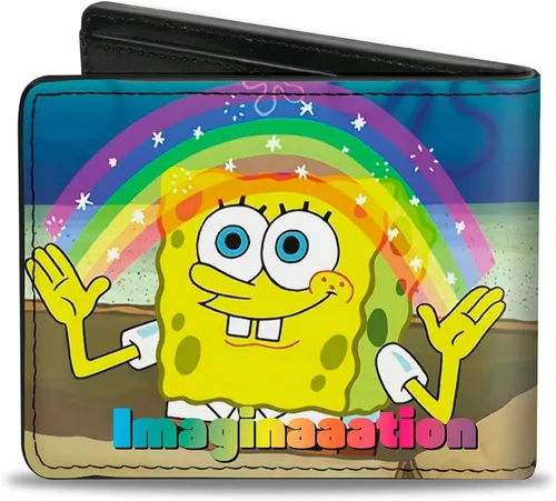 Vista 2 de Buckle-Down Cartera Nickelodeon para hombre, plegable, Bob Esponja con diseño de pose de arcoíris sonriente, piel vegana, 4.0 x 3.5 pulgadas