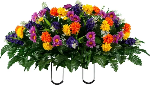 Vista 9 de Sympathy Silks Flores artificiales para cementerios – Decoraciones para tumbas - 1 ramo de flores silvestres de violeta púrpura y naranja, 1 montura