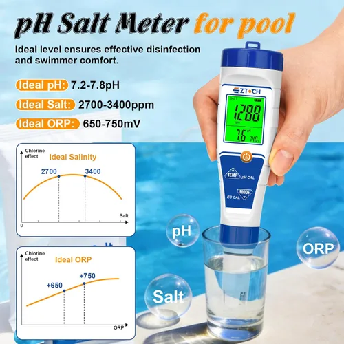 Vista 3 de Probador digital de sal de cloro para piscina, medidor de salinidad de pH para agua de piscina, probador de pH de cloro salino, probador de pH 7