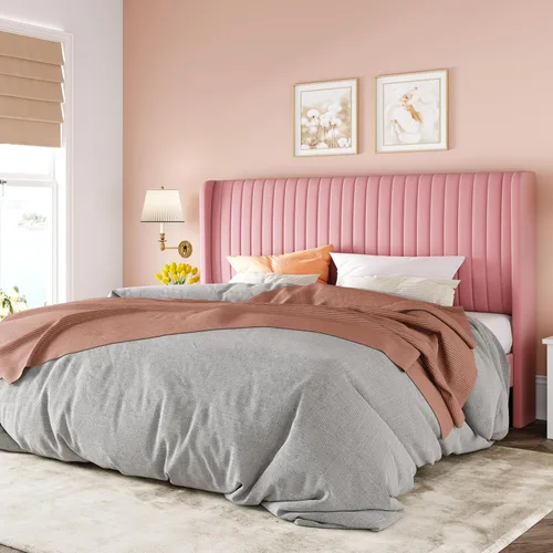 Vista 13 de Allewie - Base de cama tamaño Full con cabecera tapizada en terciopelo y diseño acanalado vertical; plataforma de cama tapizada; listones de madera