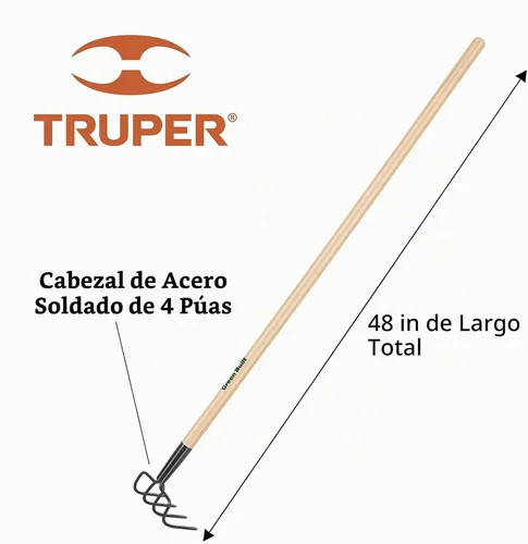 Vista 2 de Truper GreenBuilt Cultivador soldado de 4 dientes, mango de madera dura encerada de alta calidad, herramienta de aireación y deshierbe de alta