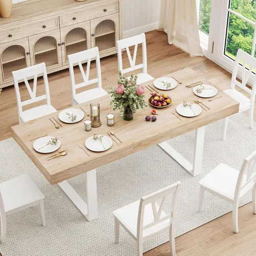Vista 10 de Zevemomo Mesa de Comedor Expandible de 63"-78.7", Mesa de Cocina Estilo Granja para 6-10 Personas, Mesa de Comedor Rectangular Extensible, con Riel