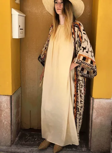 Vista 9 de RanRui Kimono de playa de gran tamaño con estampado Geometría de mujer Kimonos de rayón con cinturón para verano