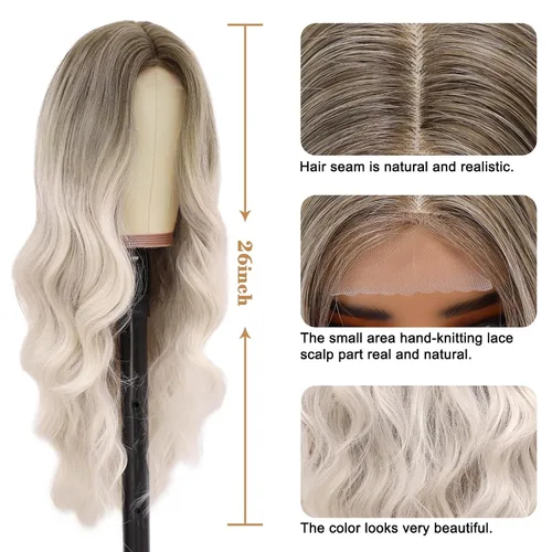 Vista 4 de NAYOO Ash Blonde Wig for Women, 26 Inch Middle Part Wavy Synthetic Wig