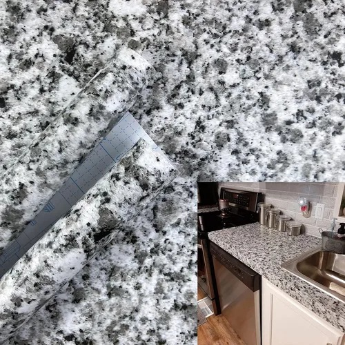 Vista 7 de Teemall Vinilo autoadhesivo con aspecto de granito blanco claro, película de mármol, para encimera de cocina (17.7 x 98 pulgadas)