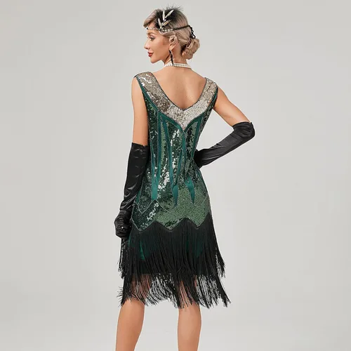 Vista 4 de Vestido vintage de los años 20 con lentejuelas brillantes, flecos, borlas de Gatsby, vestidos de boda, fiesta, cóctel, noche