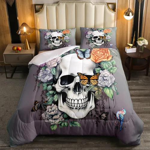 Vista 9 de Erosebridal Juego de edredón de calavera de Halloween, tamaño individual, juego de ropa de cama de calavera gótica para niños, adolescentes