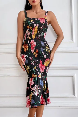 Vista 8 de PRETTYGARDEN - Vestido veraniego floral para mujer, por debajo de la rodilla, ajustado, sin mangas, con tirantes delgados y dobladillo con volados