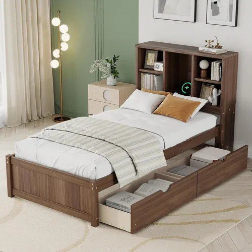 Vista 14 de SOFTSEA Twin Size Kids Bed Frame with Storage Drawers, Wood Platform Bed with Storage Headboard and Charging Station, No Box Spring Needed, Cream