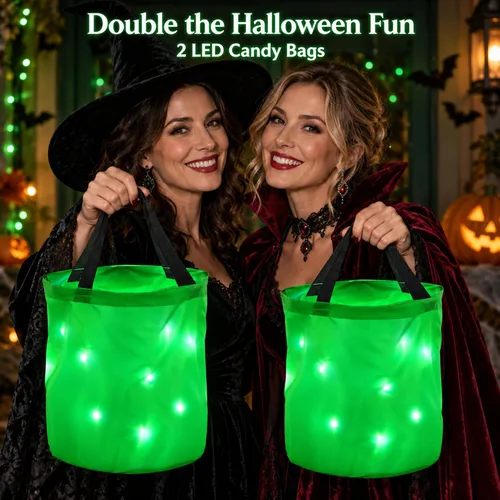 Vista 7 de 2 bolsas de dulces de Halloween con luz LED, bolsas de fiesta de Halloween, multiusos, reutilizables, bolsas para Halloween para dulce o dulce Verde