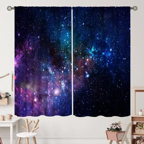 Vista 34 de Cortinas de planeta galaxia, espacio exterior, universo, nebulosa, estrellas, cielo estrellado, con bolsillo para cortinero, para sala de estar