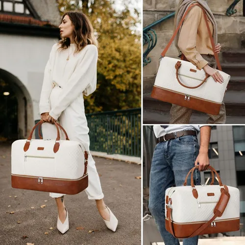 Vista 8 de Bolsa de fin de semana para mujer, bolsa de viaje de nailon, con compartimento para zapatos, tamaño grande 1-beige